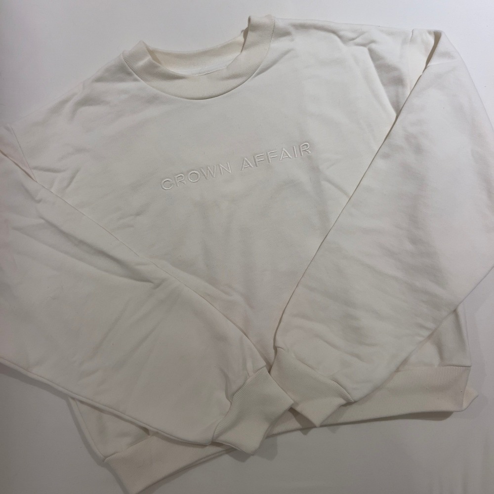 Crown Affair Cream Embroidered Crewneck Sweatshirt Relaxed Fit Casual